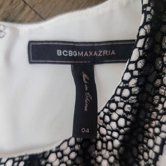 BCBGMAXAZRIA Adelyn Pleated Lace Sleeveless Hi Low Dress in White & Black - Picture 8 of 16